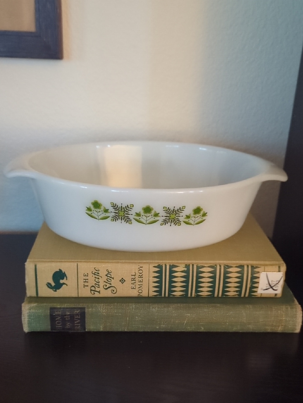 Vintage Anchor Hocking White Casserole Dish with Green Floral Band